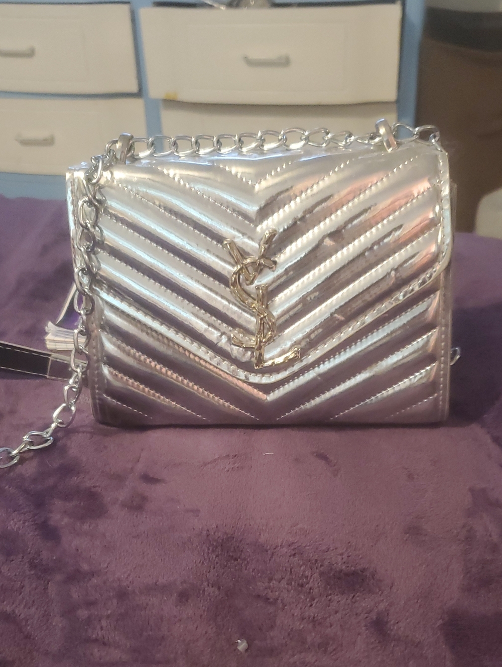 Silver Bag With Chain Over Body And Immitation Insignia.
